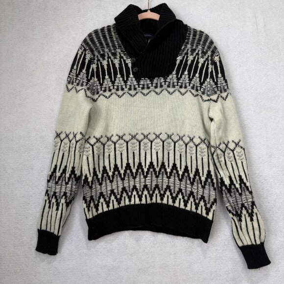 GAP Sweater Mens Medium Black Cream Shawl Collar Lambswool Knit Pullover Nordic - Picture 1 of 6
